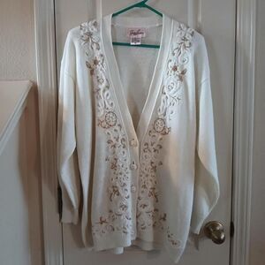 VTG 80s cream/gold floral embroidered beaded button-front cardigan oversized M